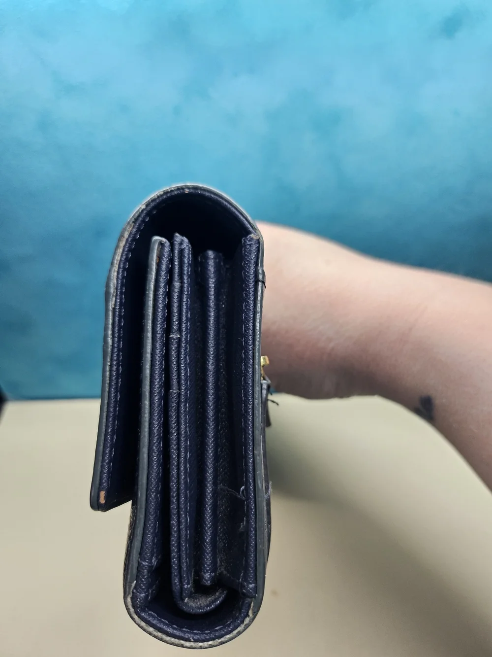 Fossil Tri-Panel Leather Fold Wallet in Navy, Sky & Pale Pink